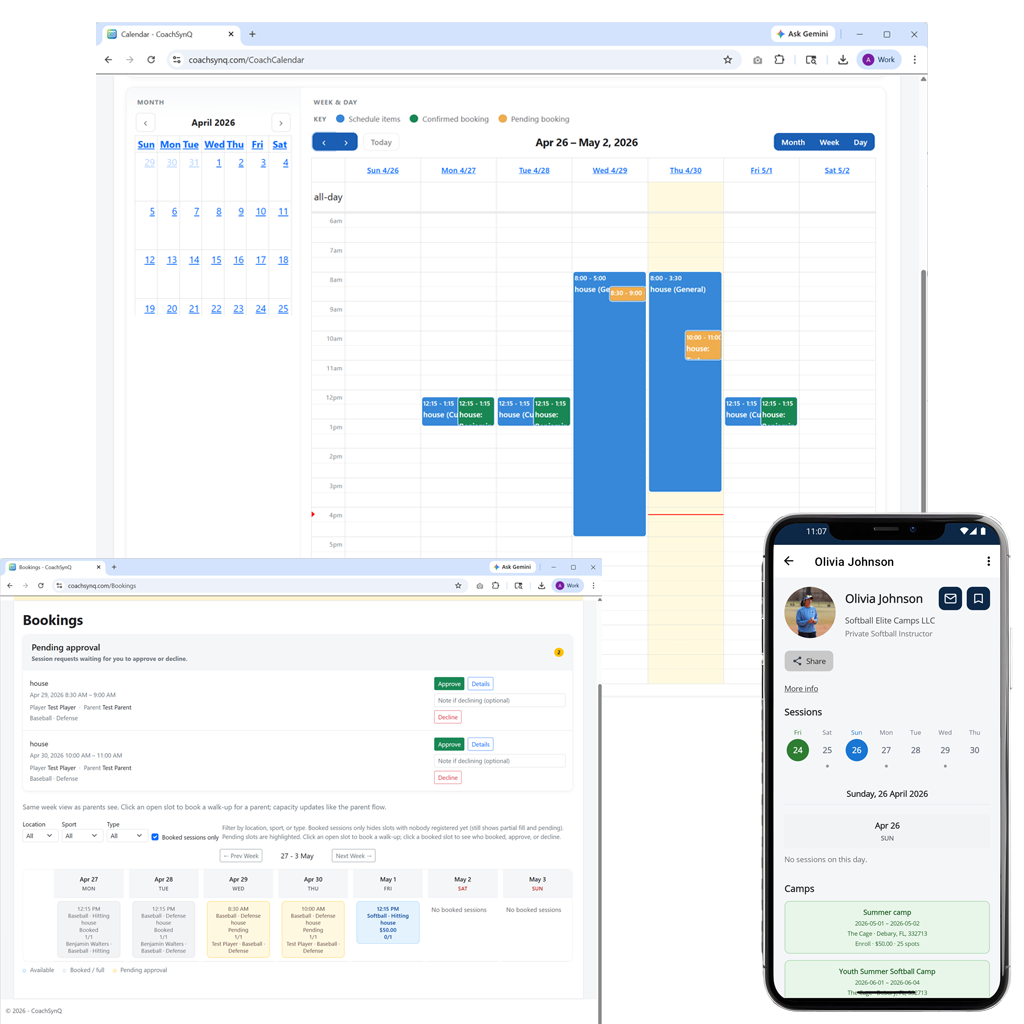 CoachSynQ screenshots: coach calendar with sessions, web bookings with pending approval and weekly schedule, and mobile parent view with camps.